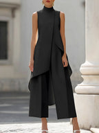 Women's Sleeveless Layered Jumpsuit – High Neck Asymmetrical Wide Leg Jumpsuit