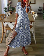 Women's Geometric Boho Dress – Lantern Sleeve V-Neck Dress
