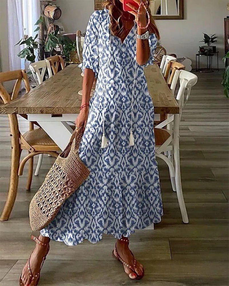 Women's Geometric Boho Dress – Lantern Sleeve V-Neck Dress