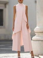 Women's Sleeveless Layered Jumpsuit – High Neck Asymmetrical Wide Leg Jumpsuit