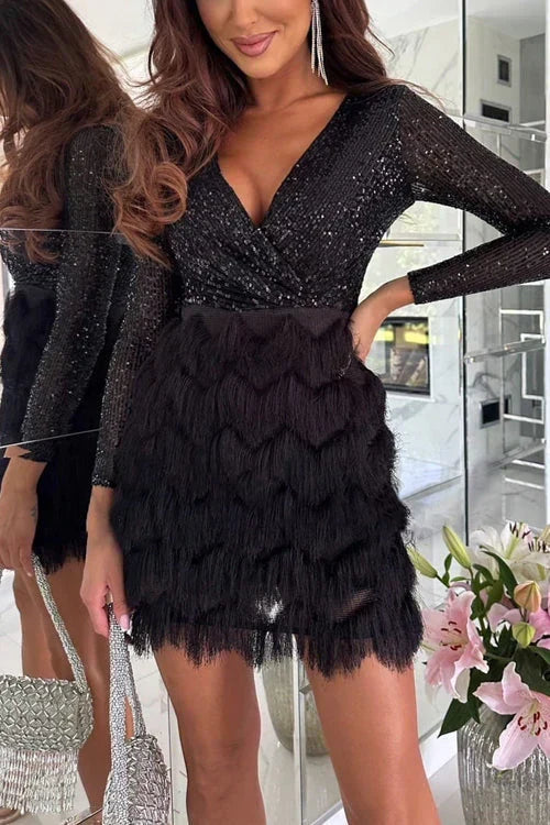 Women's Sequin V-Neck Party Dress – Fitted Sparkle Evening Dress