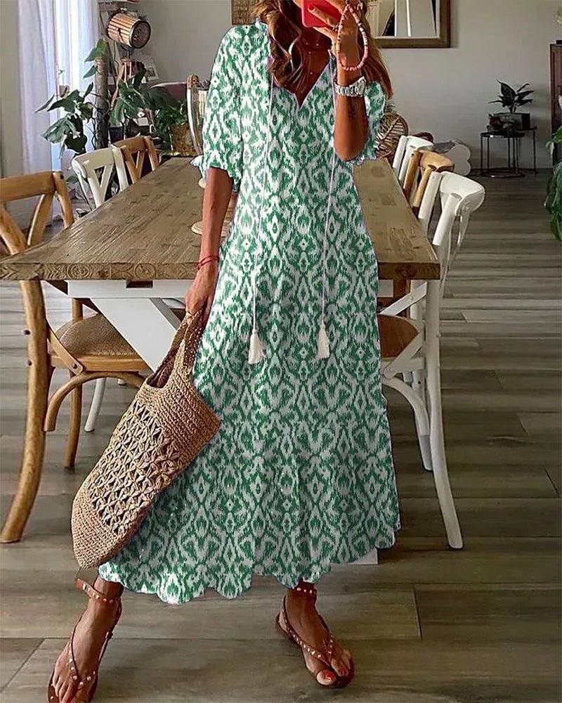 Women's Geometric Boho Dress – Lantern Sleeve V-Neck Dress