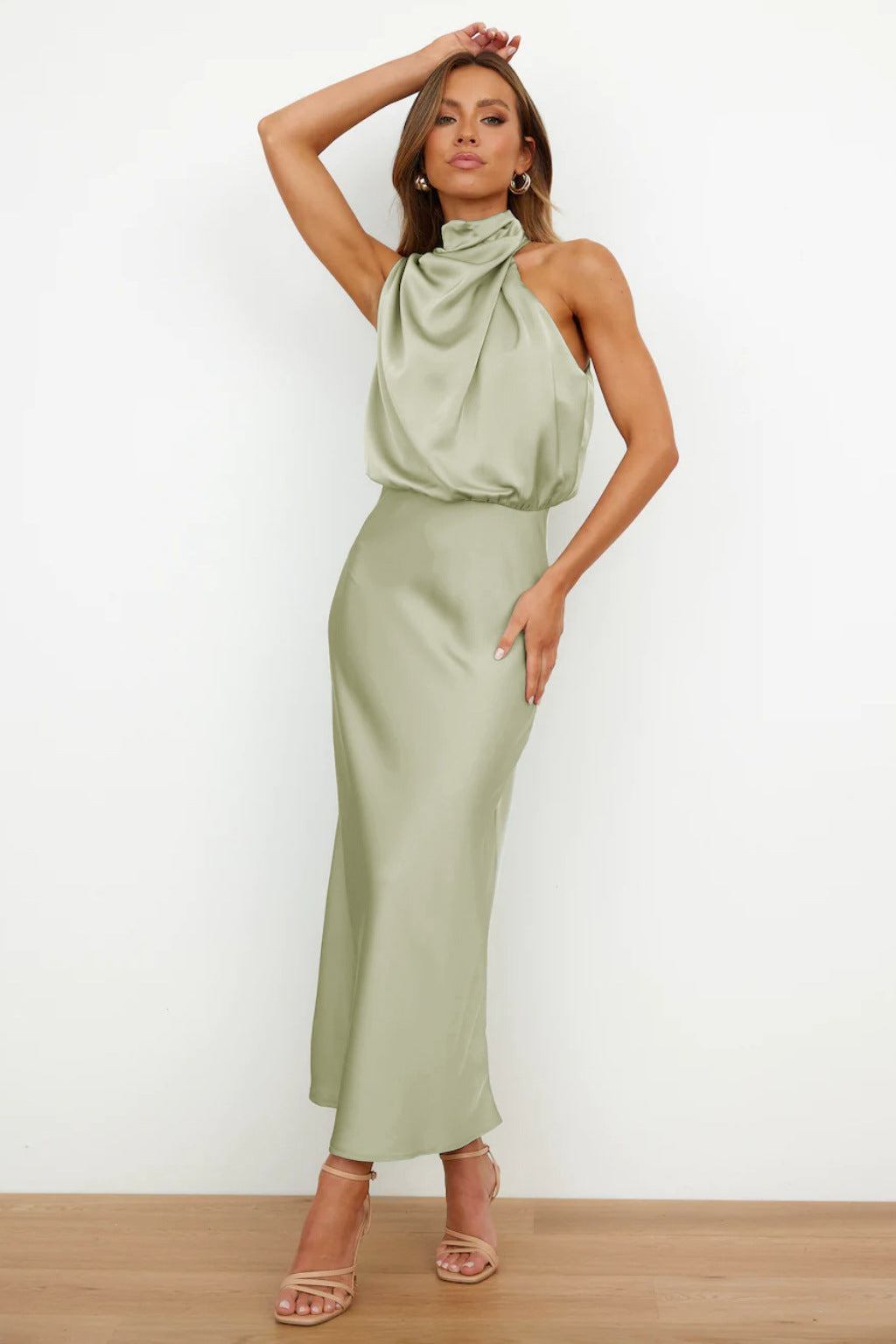Women's Halter Cocktail Midi Dress – Flowy Relaxed Occasion Dress