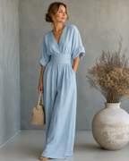 Women's V-Neck Wrap Wide Leg Jumpsuit – Cinched Waist Evening Occasion Jumpsuit