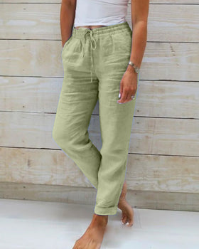 Women's Elastic Waist Straight Leg Pants – Drawstring Pocket Trousers