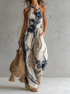 Women's Tummy Control Wide Leg Jumpsuit – Halter Neck Printed Jumpsuit