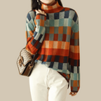 Women's Patterned Turtleneck Sweater – Patchwork High Neck Knit Pullover