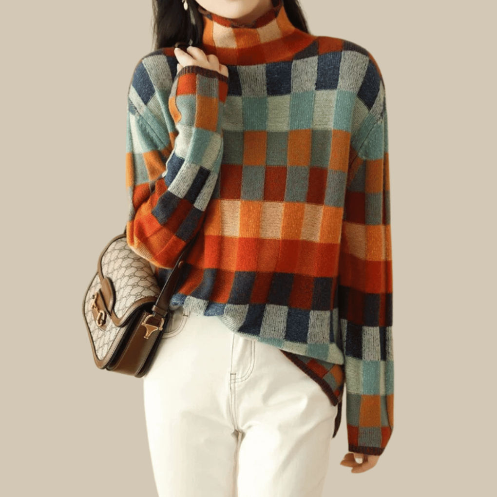 Women's Patterned Turtleneck Sweater – Patchwork High Neck Knit Pullover