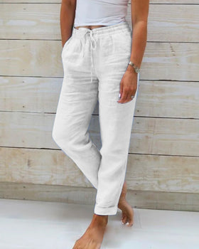 Women's Elastic Waist Straight Leg Pants – Drawstring Pocket Trousers