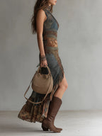 Women's Halter Midi Dress – Asymmetrical Ruffle Slit Boho Dress