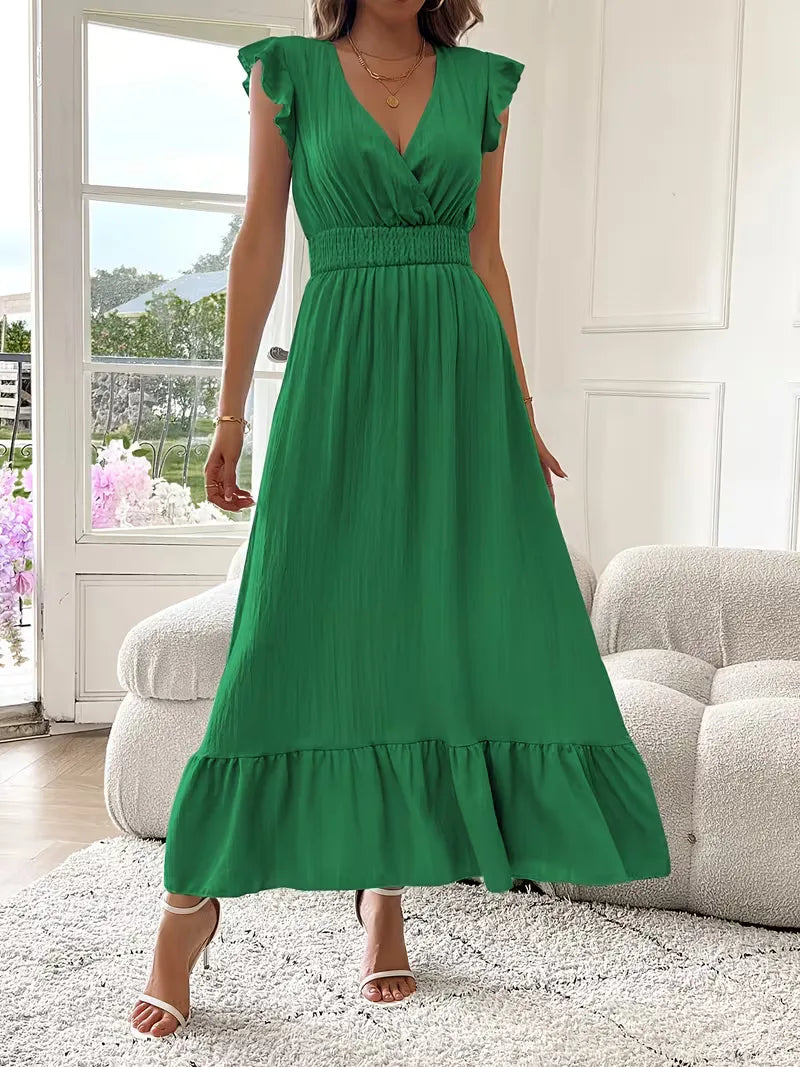 Women's V-Neck Tiered Evening Maxi Dress – Short Sleeve Smocked Waist Dress