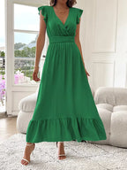 Women's V-Neck Tiered Evening Maxi Dress – Short Sleeve Smocked Waist Dress