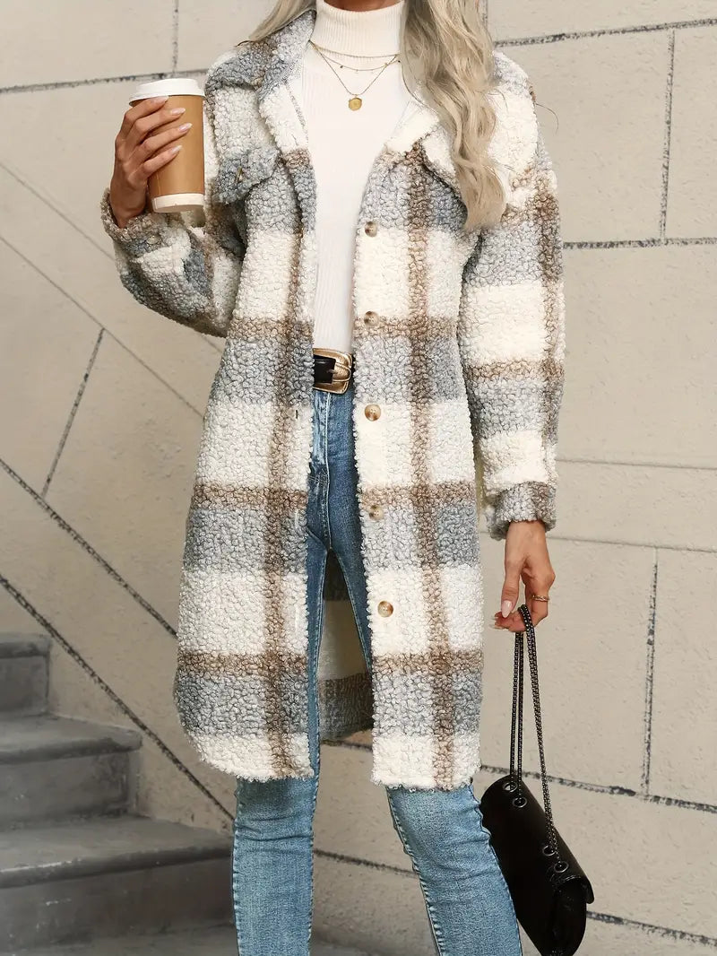 Women's Checked Teddy Coat – Oversized Fleece Winter Overcoat