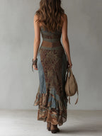 Women's Halter Midi Dress – Asymmetrical Ruffle Slit Boho Dress