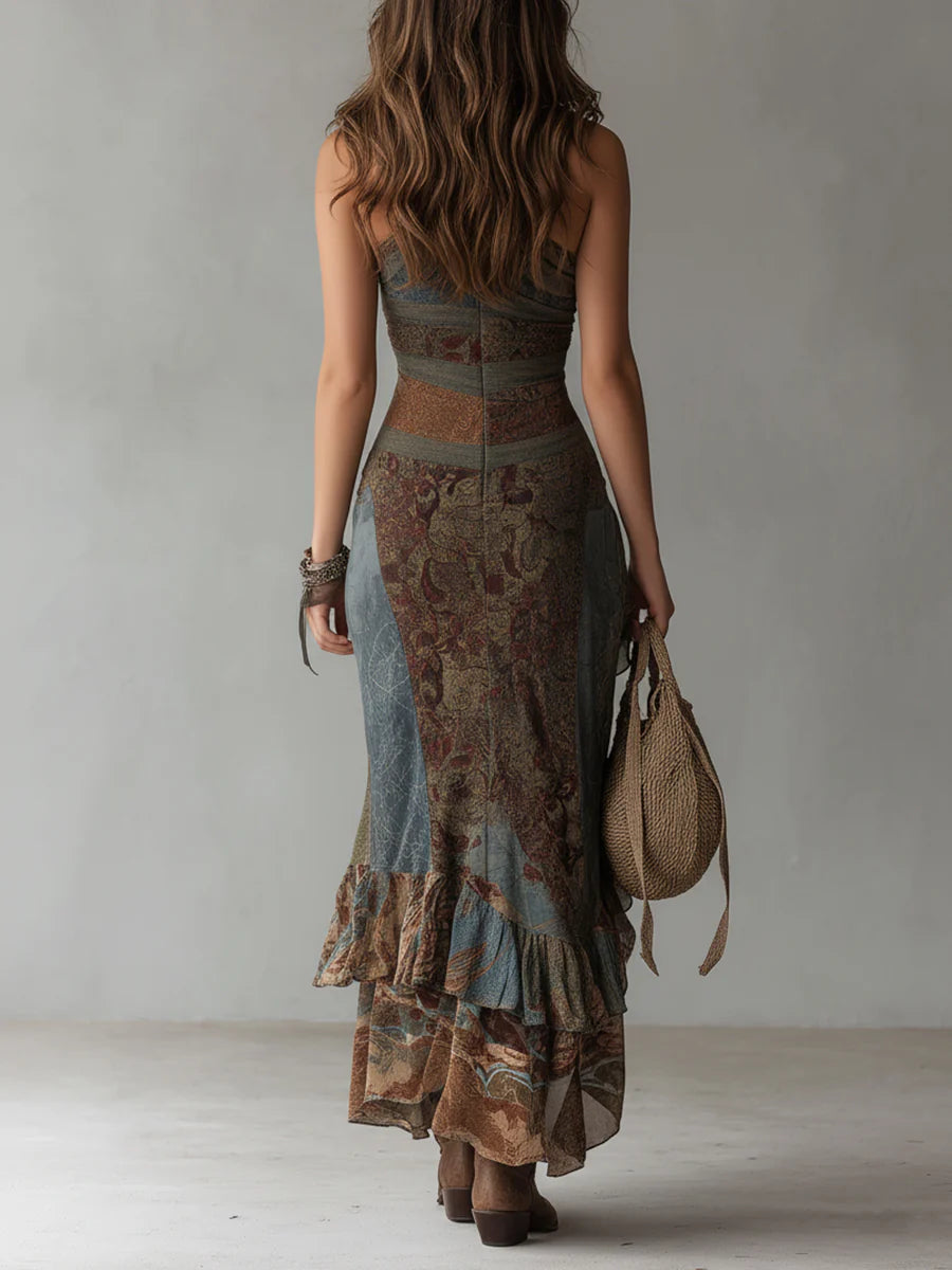 Women's Halter Midi Dress – Asymmetrical Ruffle Slit Boho Dress