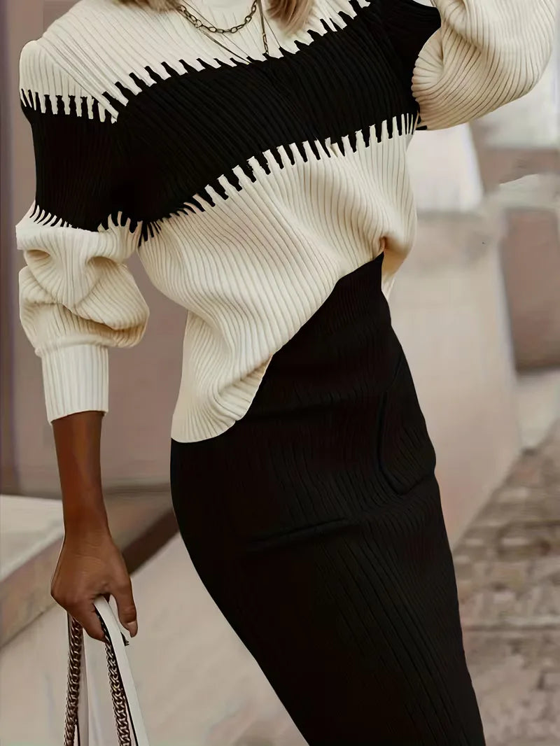 Women's Ribbed Knit Skirt Set – High Neck Sweater Co-Ord