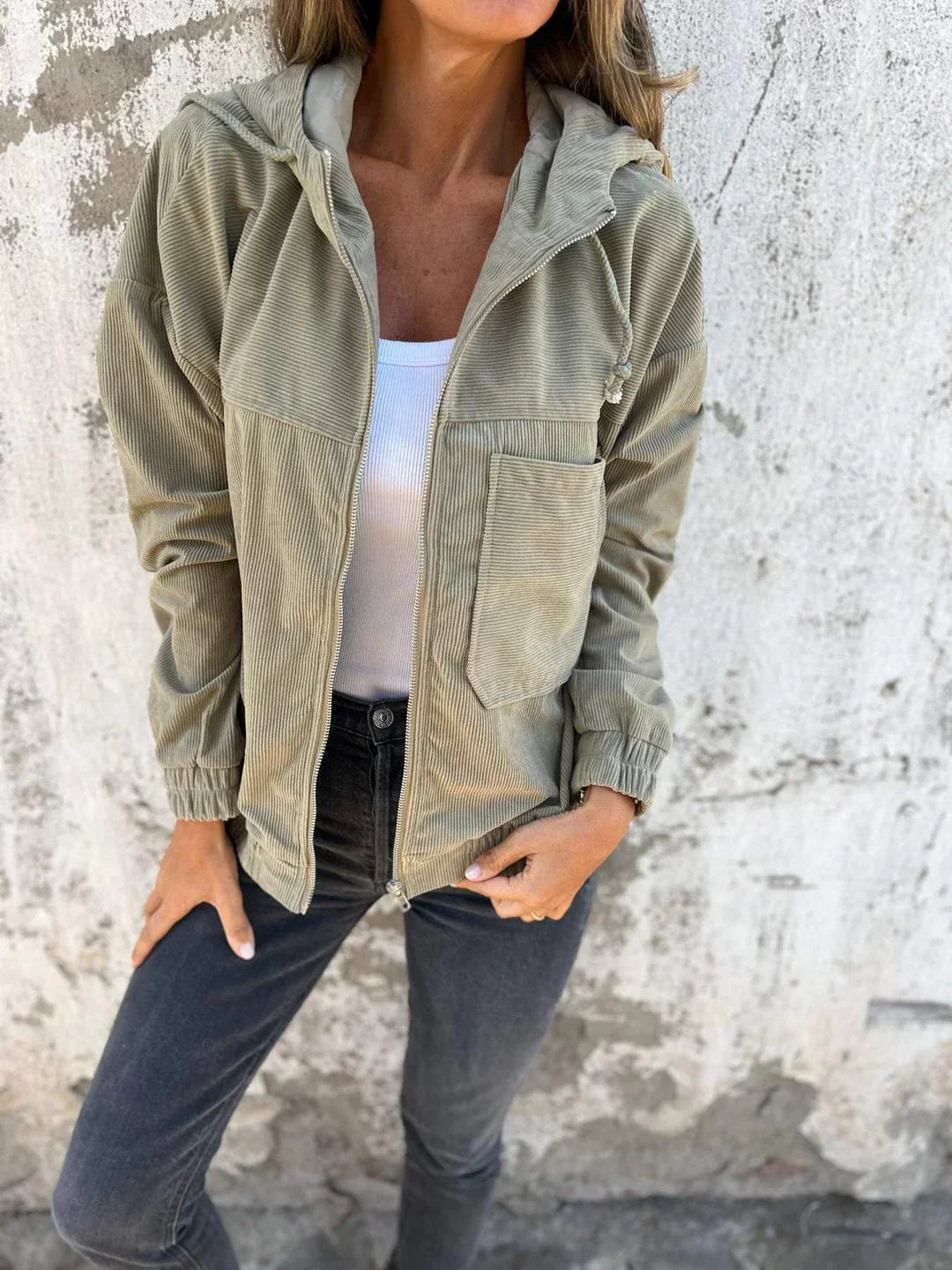Women's Ribbed Hoodie Jacket – Zip Front Casual Jacket