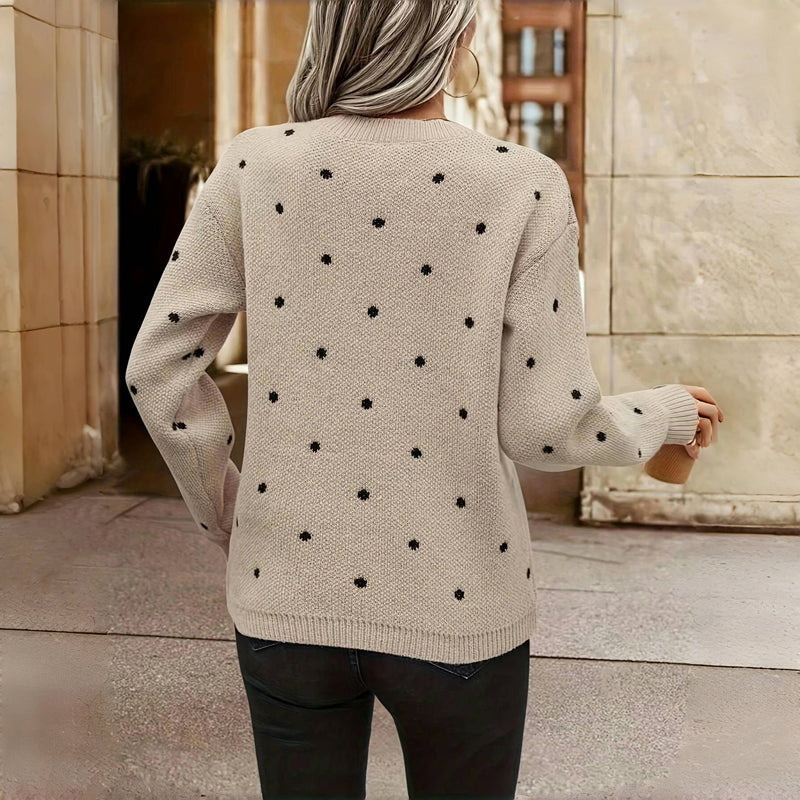 Women's Polka Dot Knit Sweater – Oversized Sleeve Round Neck Sweater