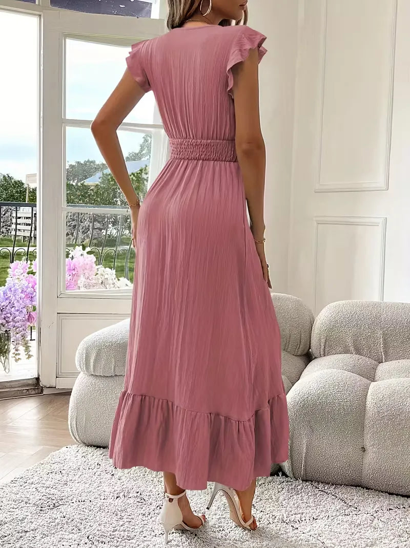 Women's V-Neck Tiered Evening Maxi Dress – Short Sleeve Smocked Waist Dress