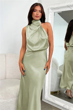 Women's Halter Cocktail Midi Dress – Flowy Relaxed Occasion Dress