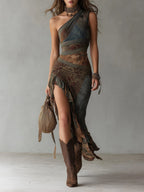 Women's Halter Midi Dress – Asymmetrical Ruffle Slit Boho Dress
