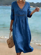 Women's V-Neck Pocket Summer Dress – Short Sleeve Midi Dress