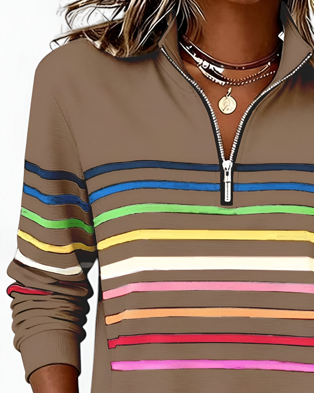 Women's High Neck Zip Sweater – Striped Zip Front Pullover