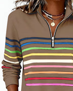 Women's High Neck Zip Sweater – Striped Zip Front Pullover