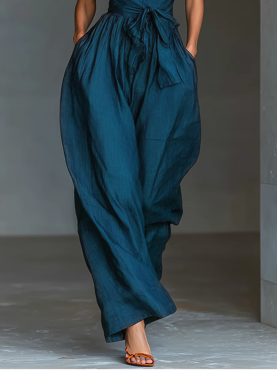 Women's Cross Halter Wide Leg Jumpsuit – Sleeveless Side Pocket Casual Jumpsuit