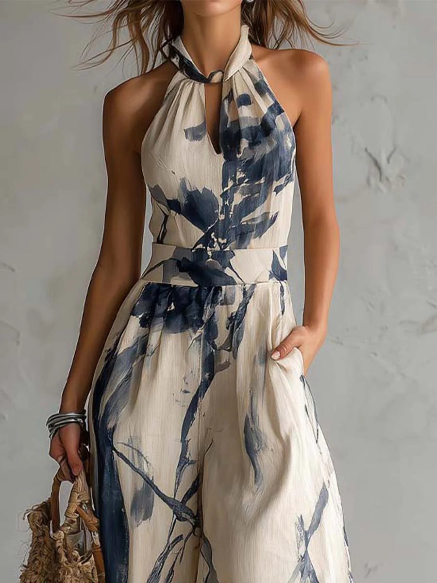Women's Tummy Control Wide Leg Jumpsuit – Halter Neck Printed Jumpsuit