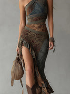 Women's Halter Midi Dress – Asymmetrical Ruffle Slit Boho Dress