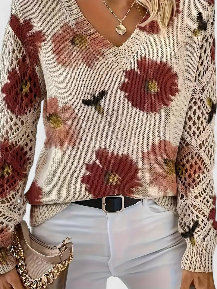 Women's V-Neck Floral Cardigan – Button Front Patterned Knit Cardigan