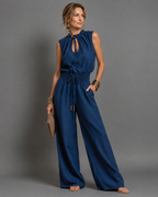 Women's Sleeveless Wide Leg Jumpsuit – High Neck Belted Casual Jumpsuit