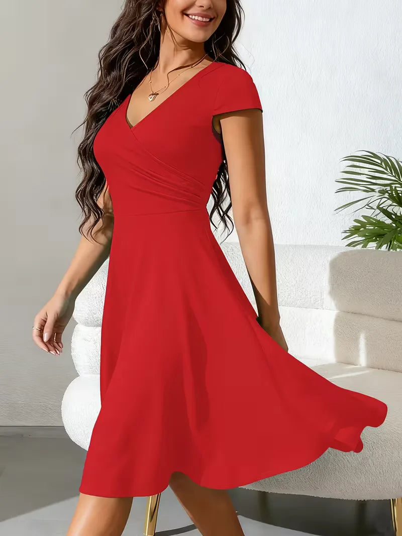 Women's V-Neck Pocket A-Line Dress – Short Sleeve Knee Length Dress