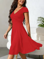 Women's V-Neck Pocket A-Line Dress – Short Sleeve Knee Length Dress