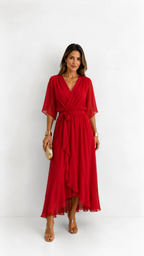 Women's Belted Wrap Dress – V-Neck Defined Waist Occasion Dress