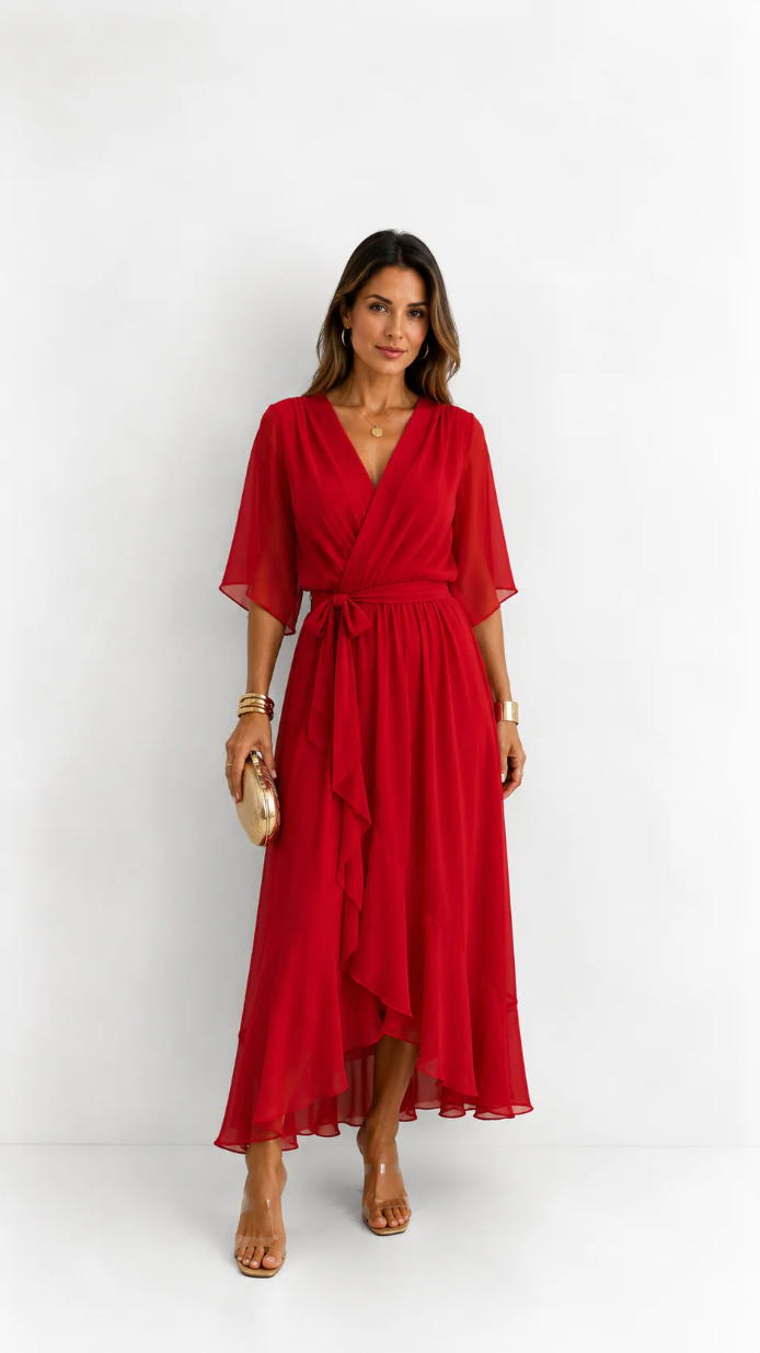 Women's Belted Wrap Dress – V-Neck Defined Waist Occasion Dress