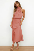 Women's Halter Cocktail Midi Dress – Flowy Relaxed Occasion Dress
