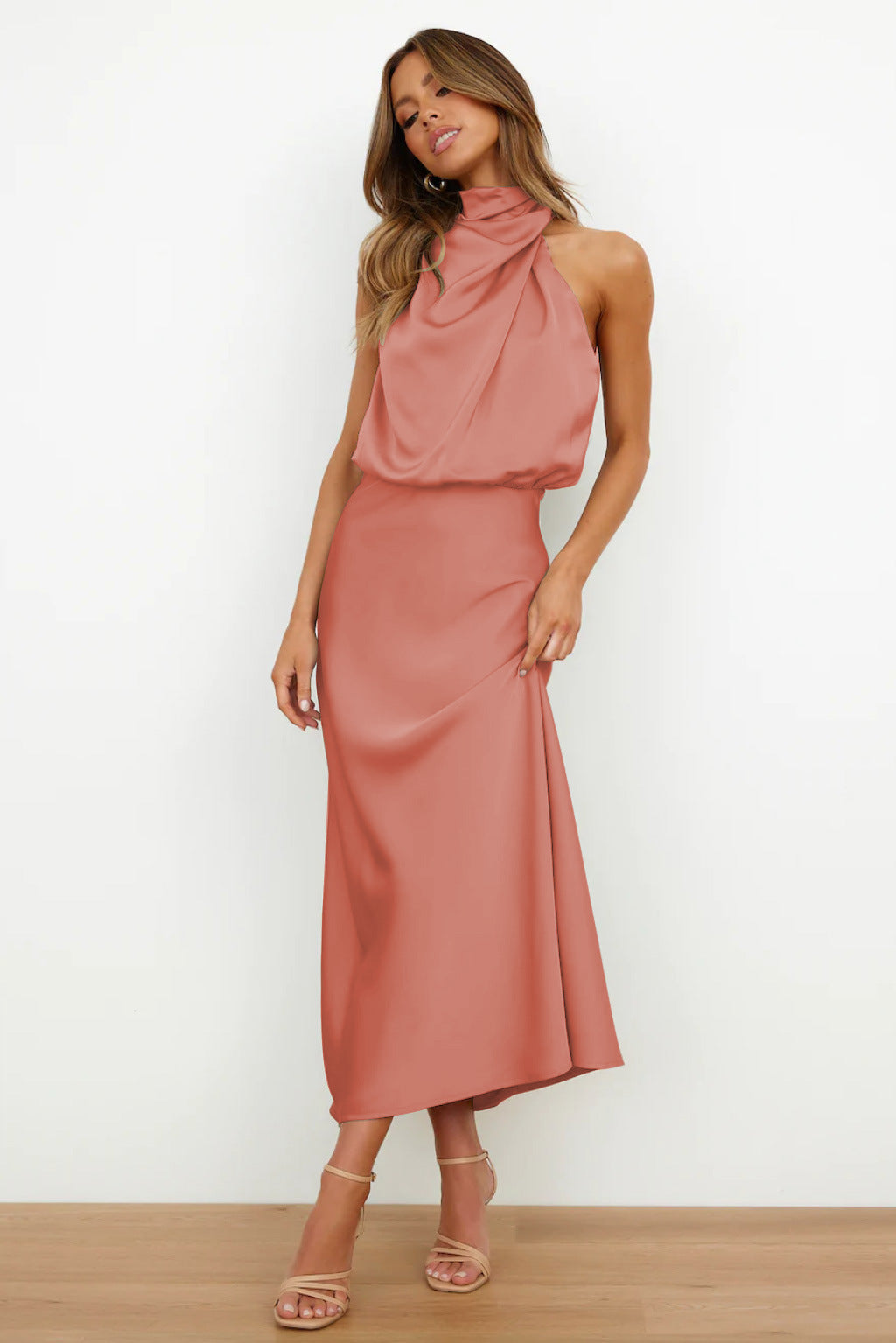 Women's Halter Cocktail Midi Dress – Flowy Relaxed Occasion Dress