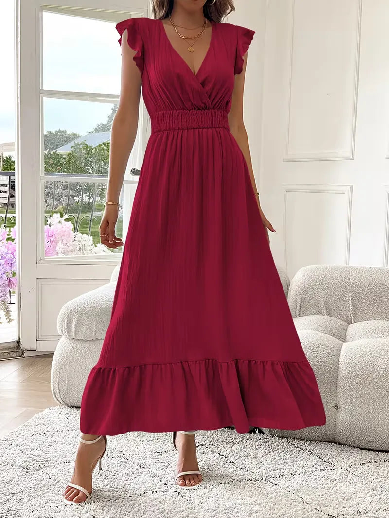 Women's V-Neck Tiered Evening Maxi Dress – Short Sleeve Smocked Waist Dress