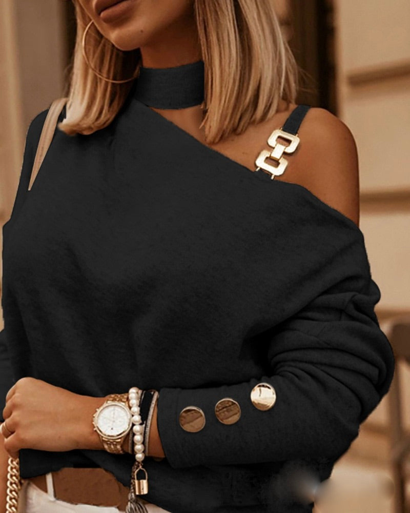 Women's Off-Shoulder Knit Sweater – Chain Strap Button Detail Sweater