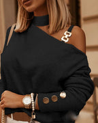 Women's Off-Shoulder Knit Sweater – Chain Strap Button Detail Sweater