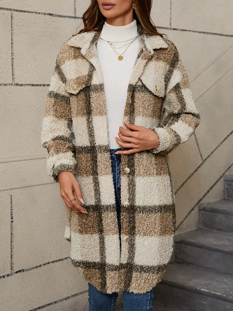 Women's Checked Teddy Coat – Oversized Fleece Winter Overcoat