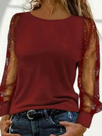 Women's Glitter Mesh Sleeve Blouse – Sheer Sleeve Sparkly Party Blouse
