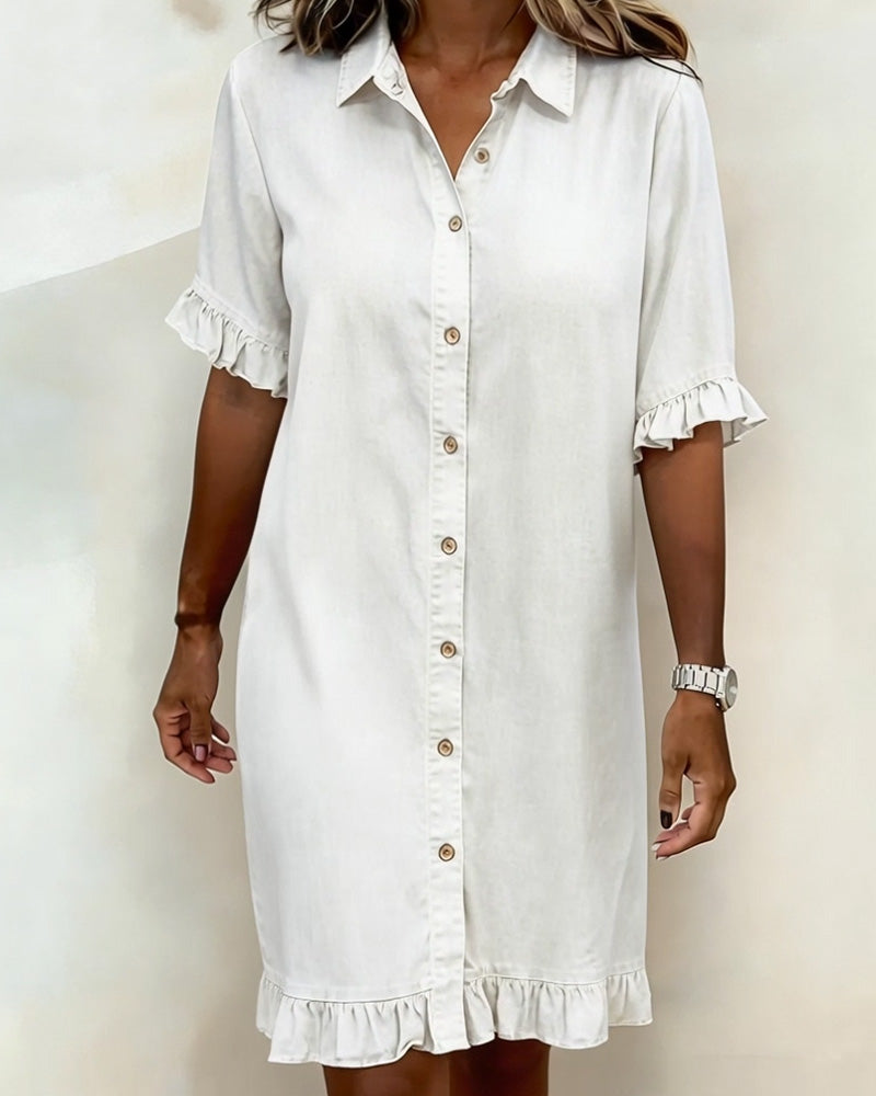 Women's Shirt Dress – Flounce Sleeve Button Front Knee-Length Dress