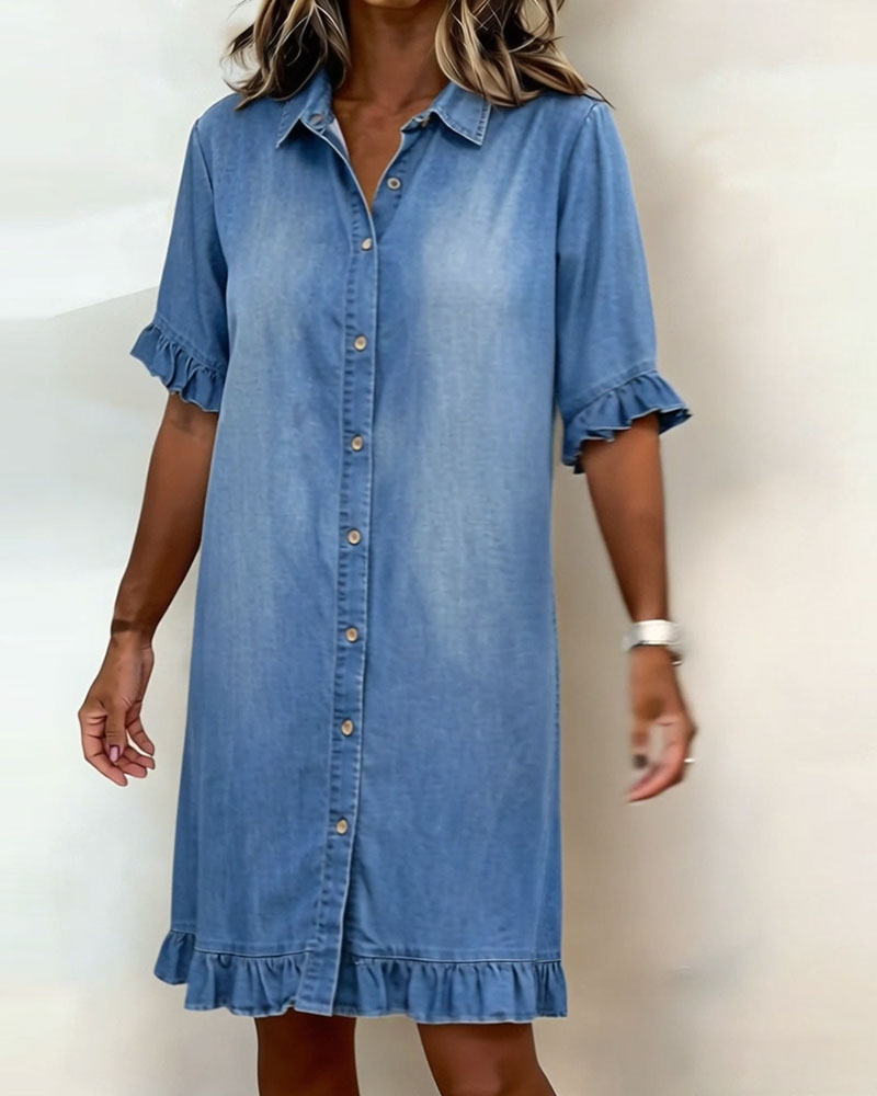 Women's Shirt Dress – Flounce Sleeve Button Front Knee-Length Dress