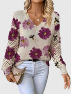 Women's V-Neck Floral Cardigan – Button Front Patterned Knit Cardigan