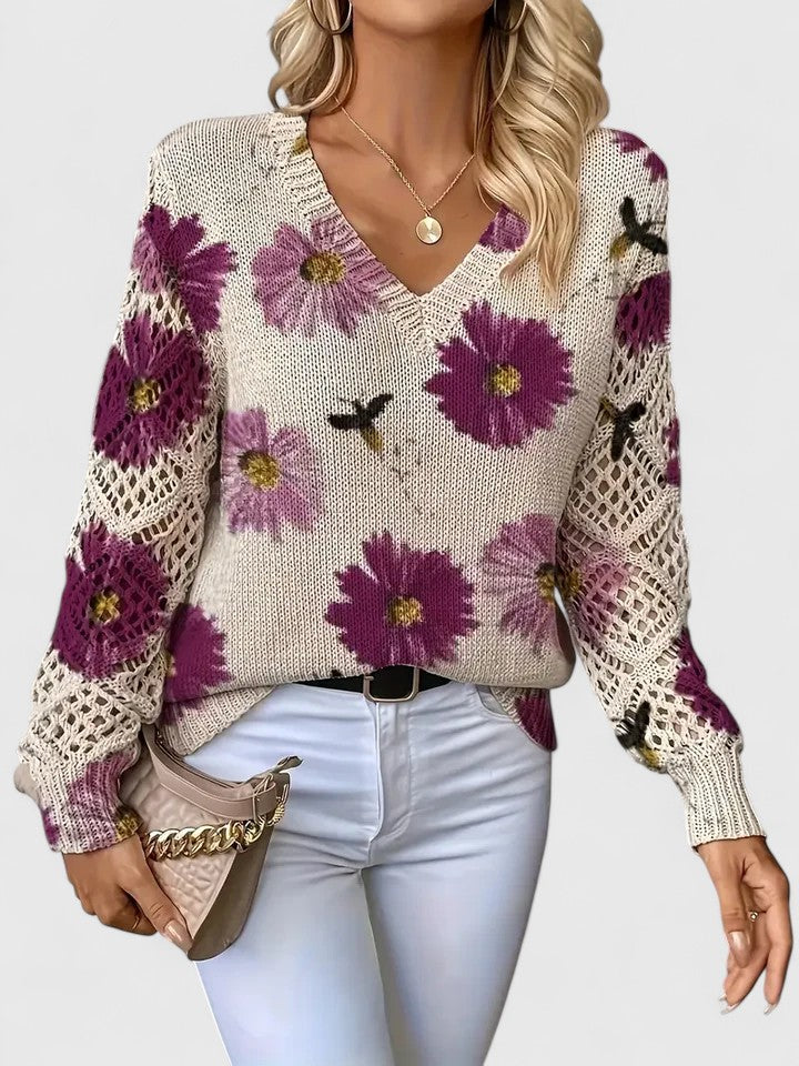 Women's V-Neck Floral Cardigan – Button Front Patterned Knit Cardigan
