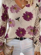 Women's V-Neck Floral Cardigan – Button Front Patterned Knit Cardigan
