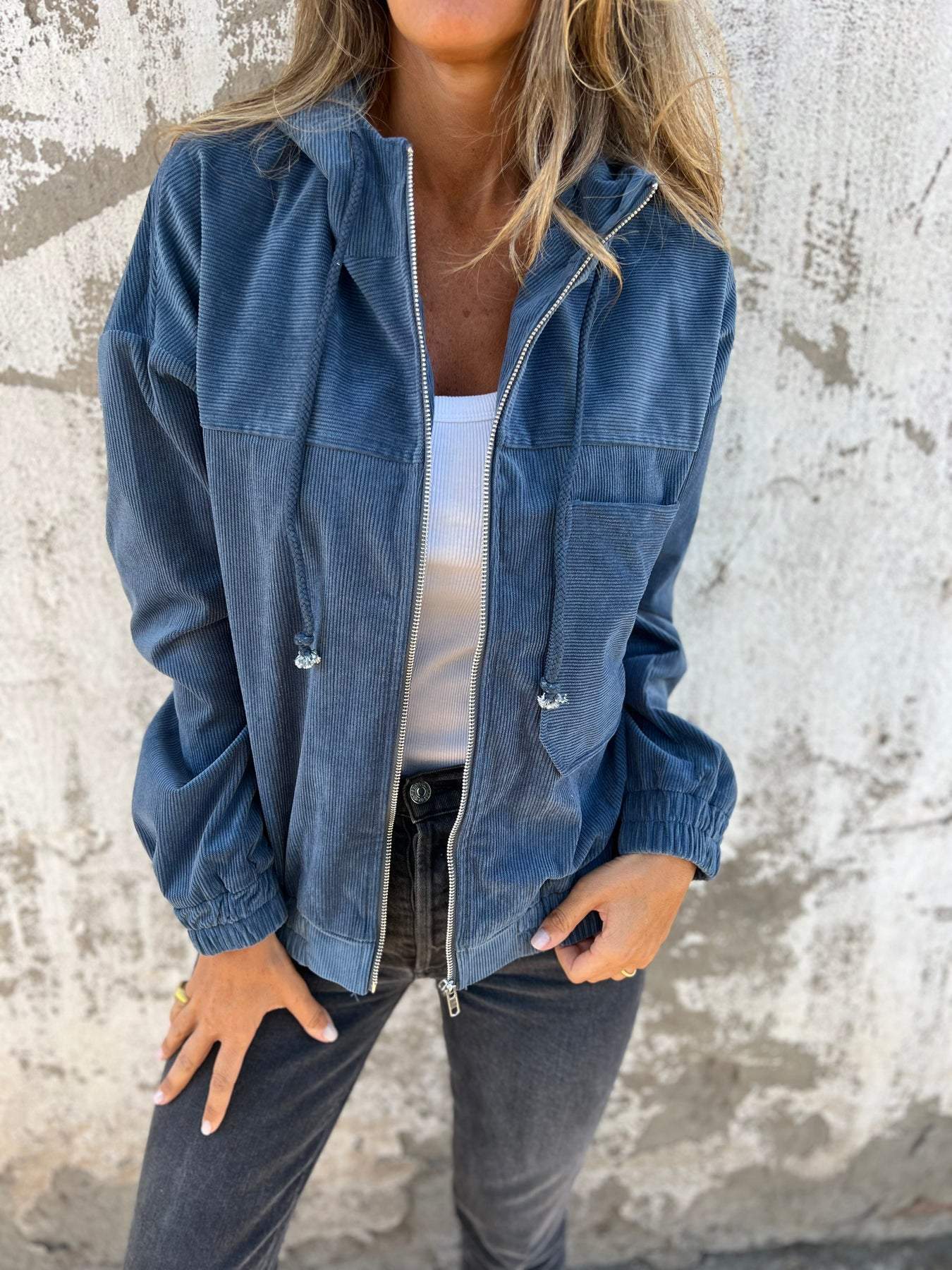Women's Ribbed Hoodie Jacket – Zip Front Casual Jacket